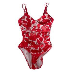 Shan Women's Swimsuit Size 14 Red Floral High Cut One Piece Ruched Waist